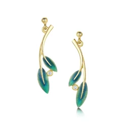 18ct Gold Rowan Two-Leaf Diamond Drop Earrings In Evergreen Enamel