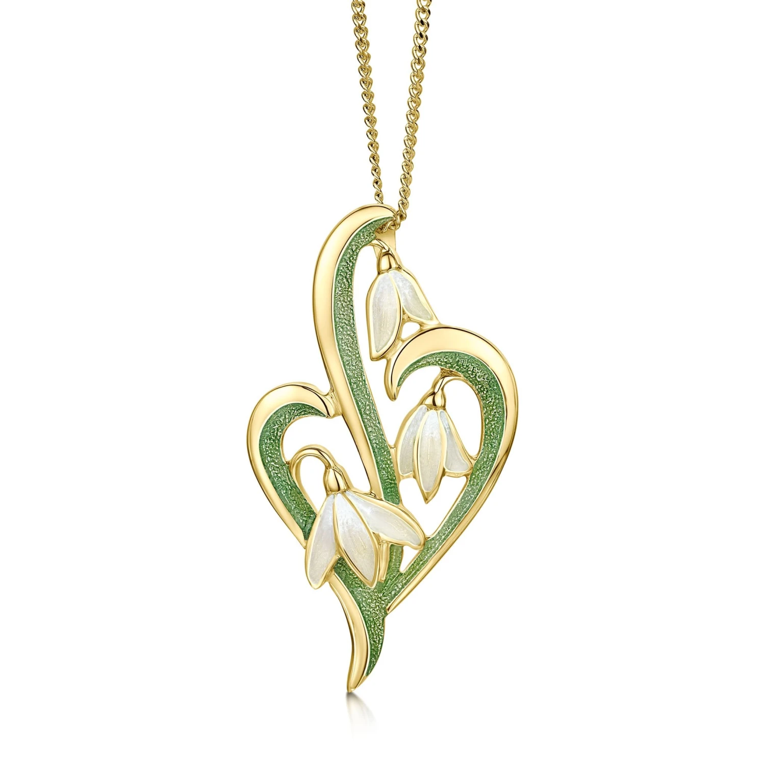 Snowdrop 3-leaf 18ct Yellow Gold Pendant In Opal White Enamel 1 Snowdrop 3-leaf 18ct Yellow Gold Pendant In Opal White Enamel