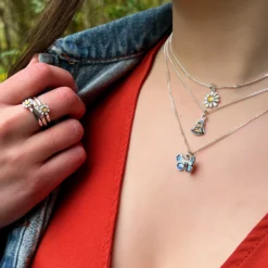 Daisies At Dawn Petite Enamel Pendant In Sterling Silver -Bijourist Sales Store Butterfly BumblebeeandDaisylayerwithDaisyringstack