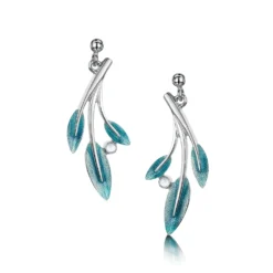 Rowan Three-Leaf Drop Earrings In Sage Enamel With Moonstone