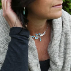 Rowan Five-Leaf Necklace In Sage Enamel With Moonstone, Pearl & CZ -Bijourist Sales Store ESWNX157 RowannecklaceinSage2