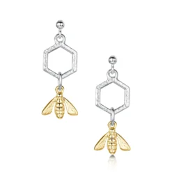 Honeycomb & Bee Petite Drop Earrings In Silver & 9ct Yellow Gold