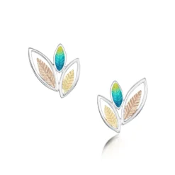 Seasons Gold Leaves 3-leaf Stud Earrings In Summer Enamel